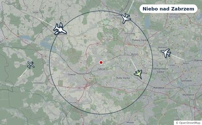 Mapa okolic miasta z sylwetkami samolotów — Niebo nad Zabrzem